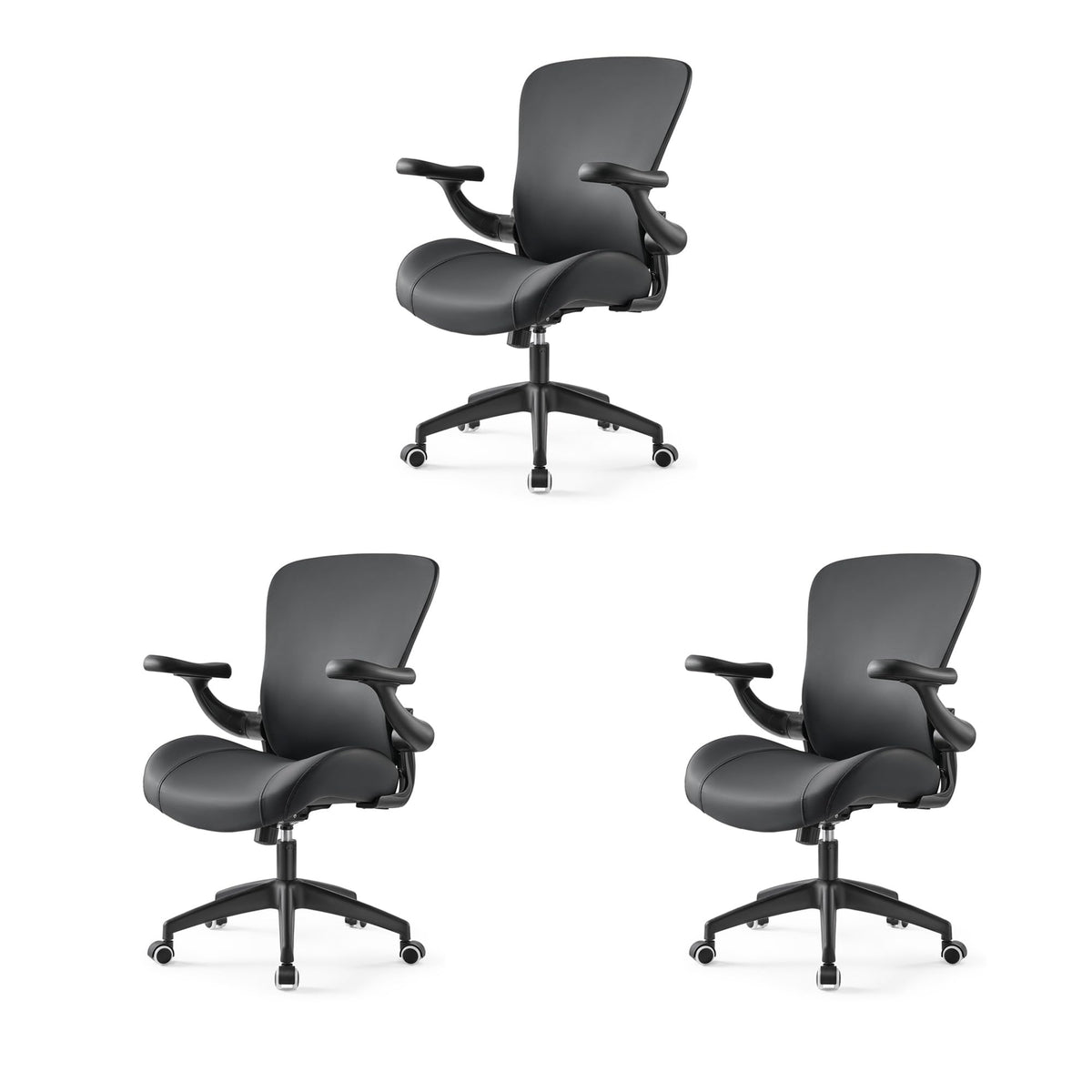 (Pack of 3, Black) Executive Office Chair, Thick Padded PU Leather Desk Chair with Adjustable Lumbar Support and 3D Armrests, Easy-Clean for Home Office and Study Room