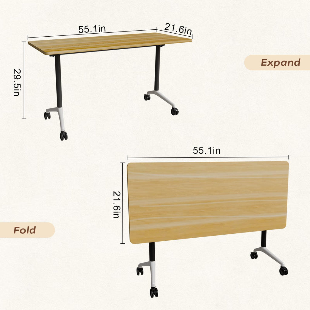 Folding Conference Table with Wheels, Flip-Top, 55.1in, 2 Pack, Maple