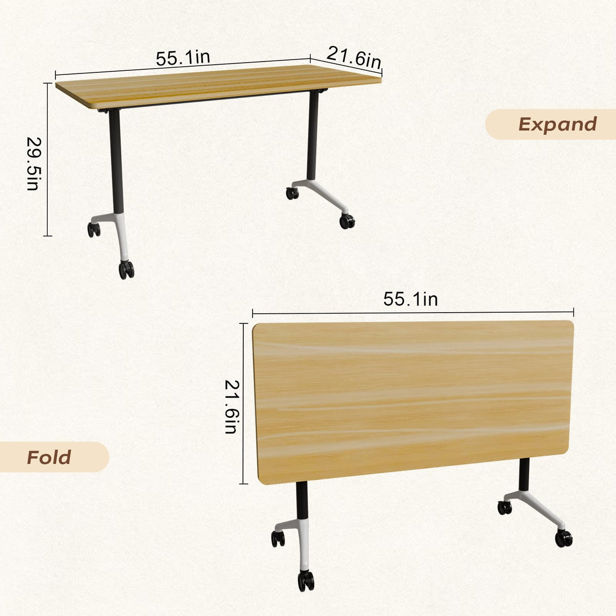 Folding Conference Table with Wheels, Flip-Top, 55.1in, 4 Pack, Maple