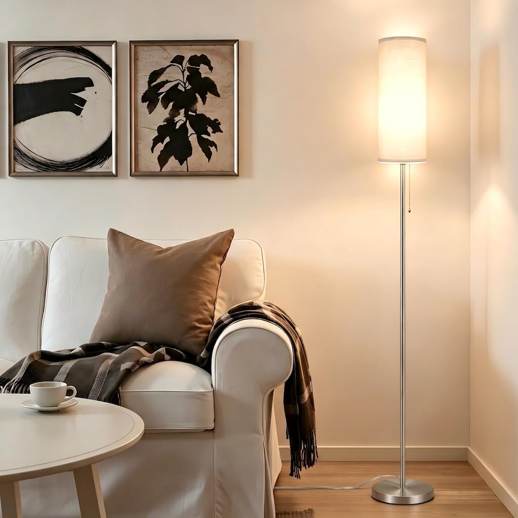 Floor Lamp for Living Room, Modern Standing Lamps with Lampshade, Minimalist Tall Lamp with Chain Switch for Living Room, LED Bulb Included (Nickel Body+Beige Shade)