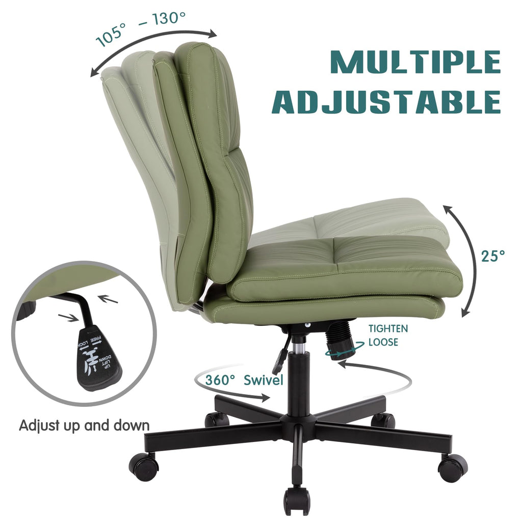 Armless Office Desk Chair with Wheels, Mid-Back Criss Cross Swivel Task Chair, Height Adjustable Cushioned Vanity Chair, Double Padded PU-Leather Chairs for Home, Office & Bedroom (Green)