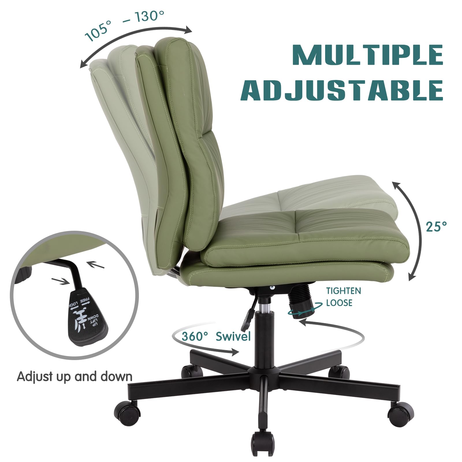 Armless Office Desk Chair with Wheels, Mid-Back Criss Cross Swivel Task Chair, Height Adjustable Cushioned Vanity Chair, Double Padded PU-Leather Chairs for Home, Office & Bedroom (Green)