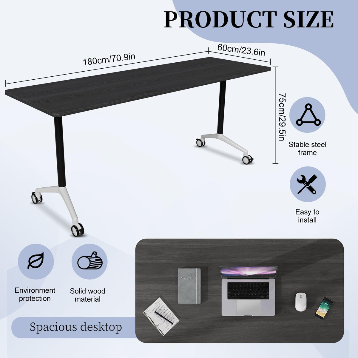 Conference Table, Folding Conference Room Tables, Modern Flip Top Seminar Training Meeting Table with Wheels, Modular Foldable Conference Tables for Home Office Classroom (Black 4 Pack,70.8inch)