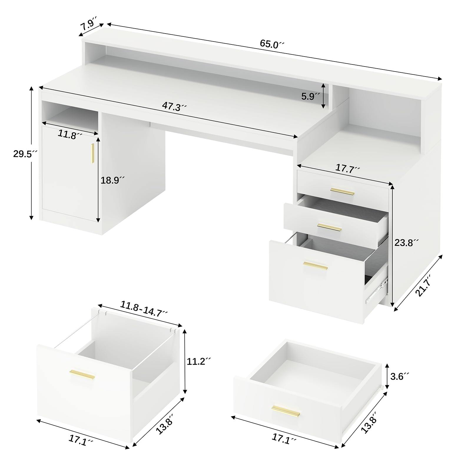 Computer Desk with 3 Drawer & Storage Shelves, Home Office Desk with File Drawer & Cabinet, Writing Study Table with Long Monitor Stand & Printer Shelf, Executive Desk, White