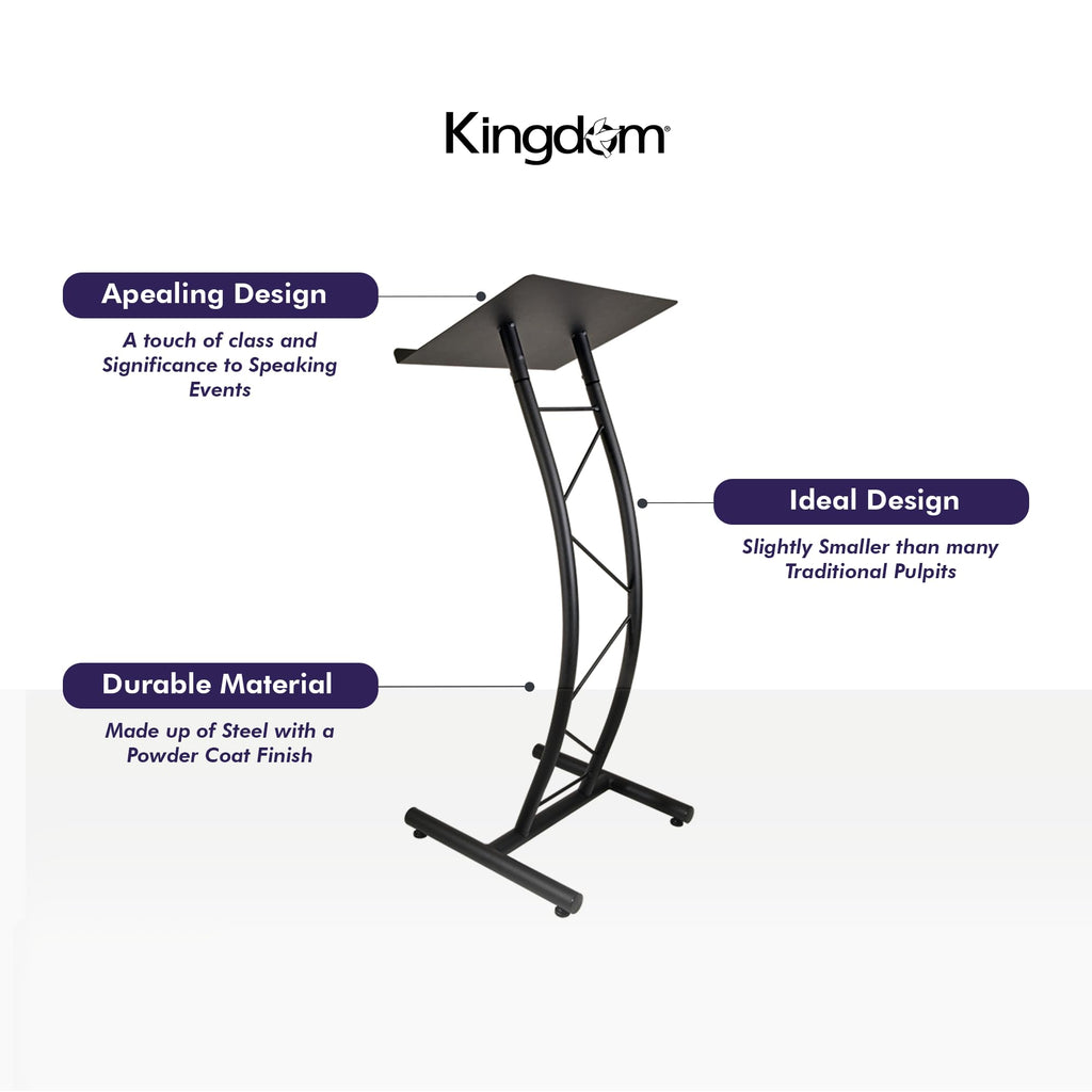 All Metal-Constructed Curved Lectern with “H” Style Base, Stand up Church Pulpit, Slanted Lectern, Conference Podium for Speakers, Speeches, Other Occasions, Powder Coat Finish Black