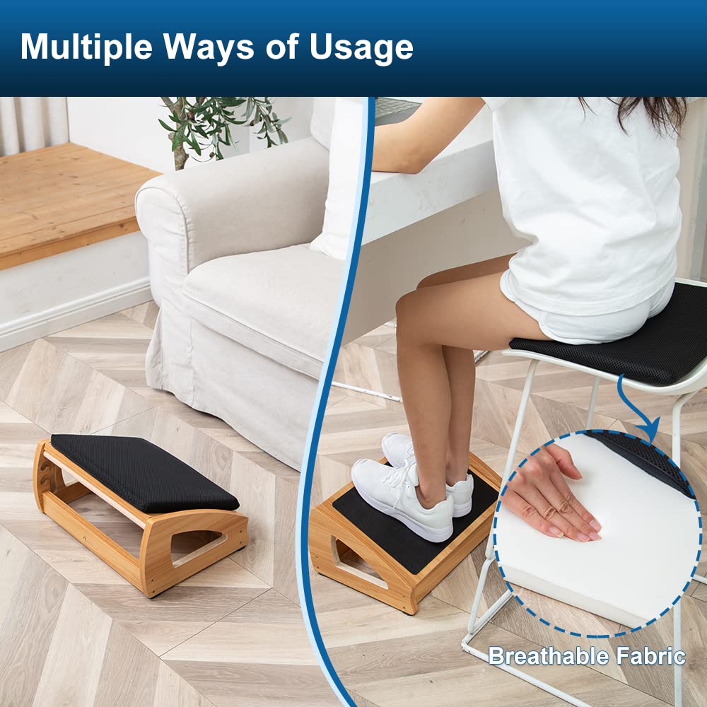 Wood Ergonomic Footrest - 4-Angle Adjustable Foot Stool for Desk, Office Footrest, Anti-Slip Foot Stand for Under Desk, Enhances Posture, Promotes Blood Circulation, Easy Assembly (Natural)