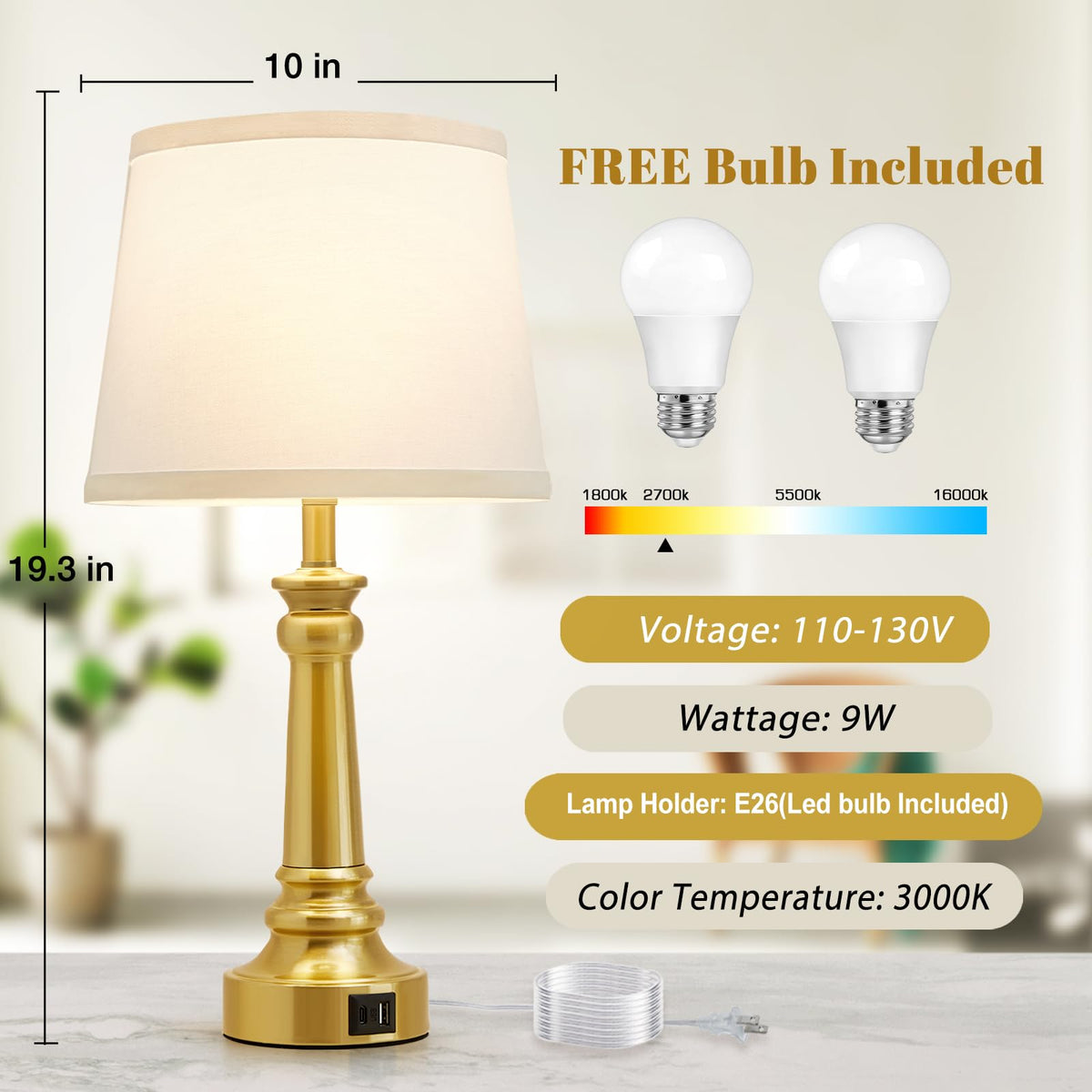 Touch Lamps for Nightstand Set of 2 - Gold Table Lamp for Bedroom Dimmable Bedside Lamps with USB C+A Ports - Lamps for Night Stands Living Room End Table,2 LED Bulbs Included