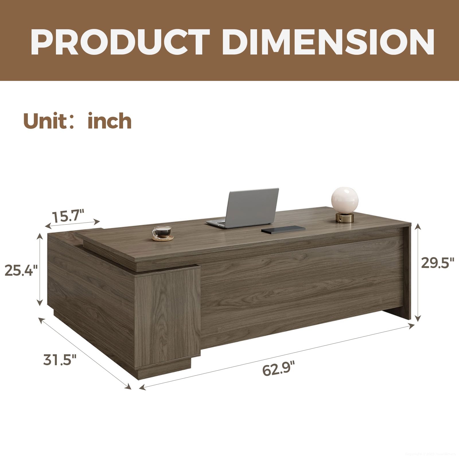 63" L-Shaped Executive Desk with Reversible Return, Compact Office Desk with Locking Drawers, Open Storage Cabinet, Cable Management Box, Front Privacy Panel, Walnut