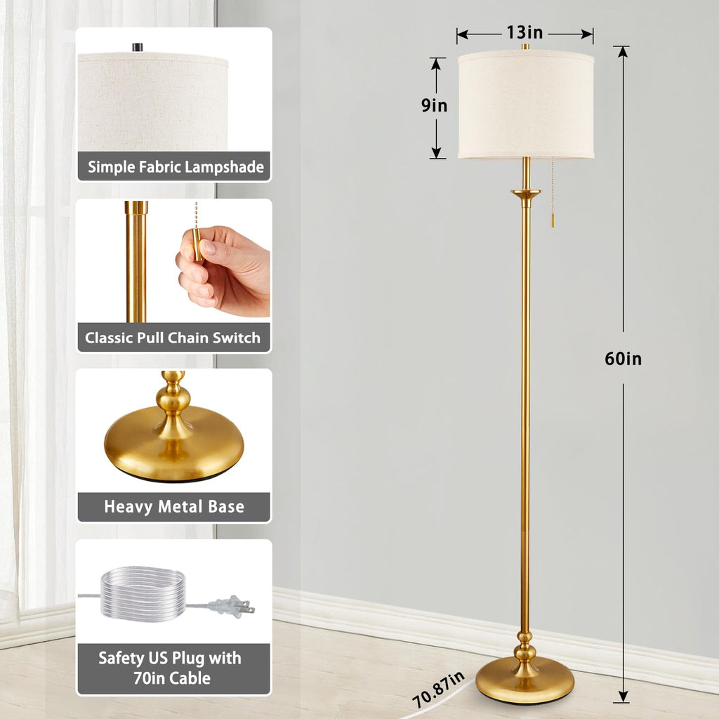 60" Gold Floor Lamp, Floor Lamps for Living Room with Fabric Shade