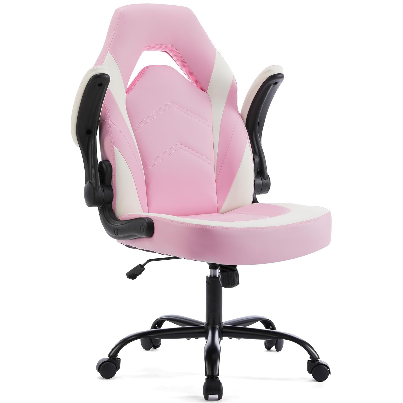 Computer Video Game Desk Chair - Ergonomic Comfy Lumbar Support, PU Leather with Flip-up Armrest, Height Adjustable and 360° Swivel, for Adults, Pink