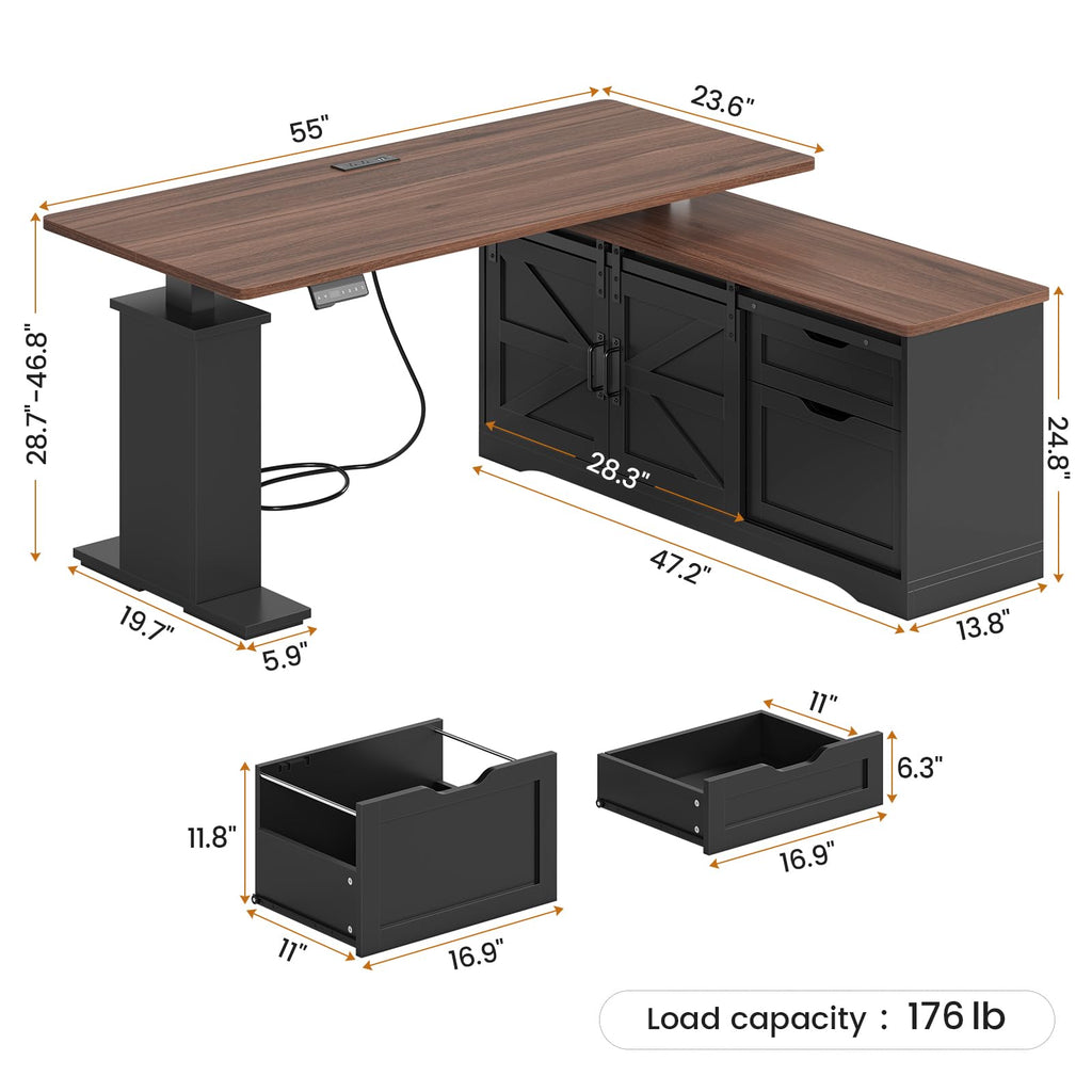 Farmhouse L Shaped Standing Desk, 55 inch Height Adjustable Corner Desk with Storage Drawers, Standing Computer Desks with Power Outlets for Home Office, Black