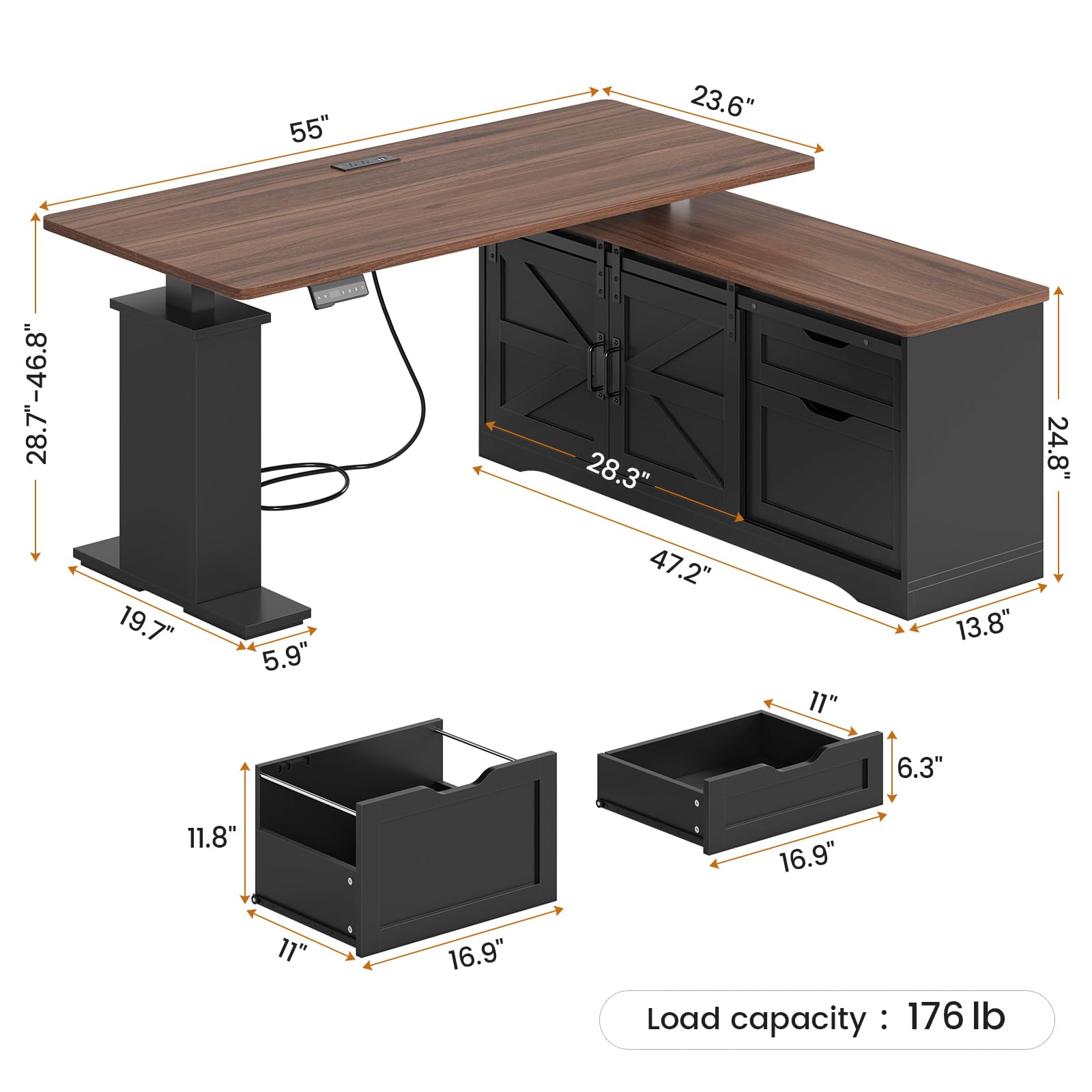 Farmhouse L Shaped Standing Desk, 55 inch Height Adjustable Corner Desk with Storage Drawers, Standing Computer Desks with Power Outlets for Home Office, Black