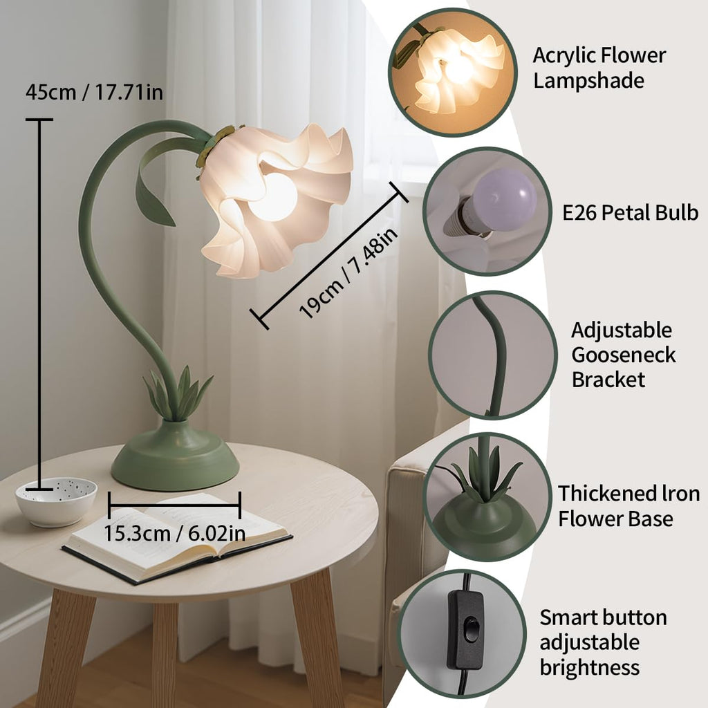 Flower Table Lamp Cute Lily Desk Lamp Bedside Night Light -Green