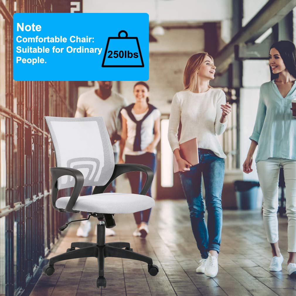 Ergonomic Office Chair | Mid-Back Swivel Desk Chair | Breathable Backrest & Lumbar Support | Adjustable Height | Sponge Seat | Rolling Wheels | White | for Adults & Women | Pack of 2