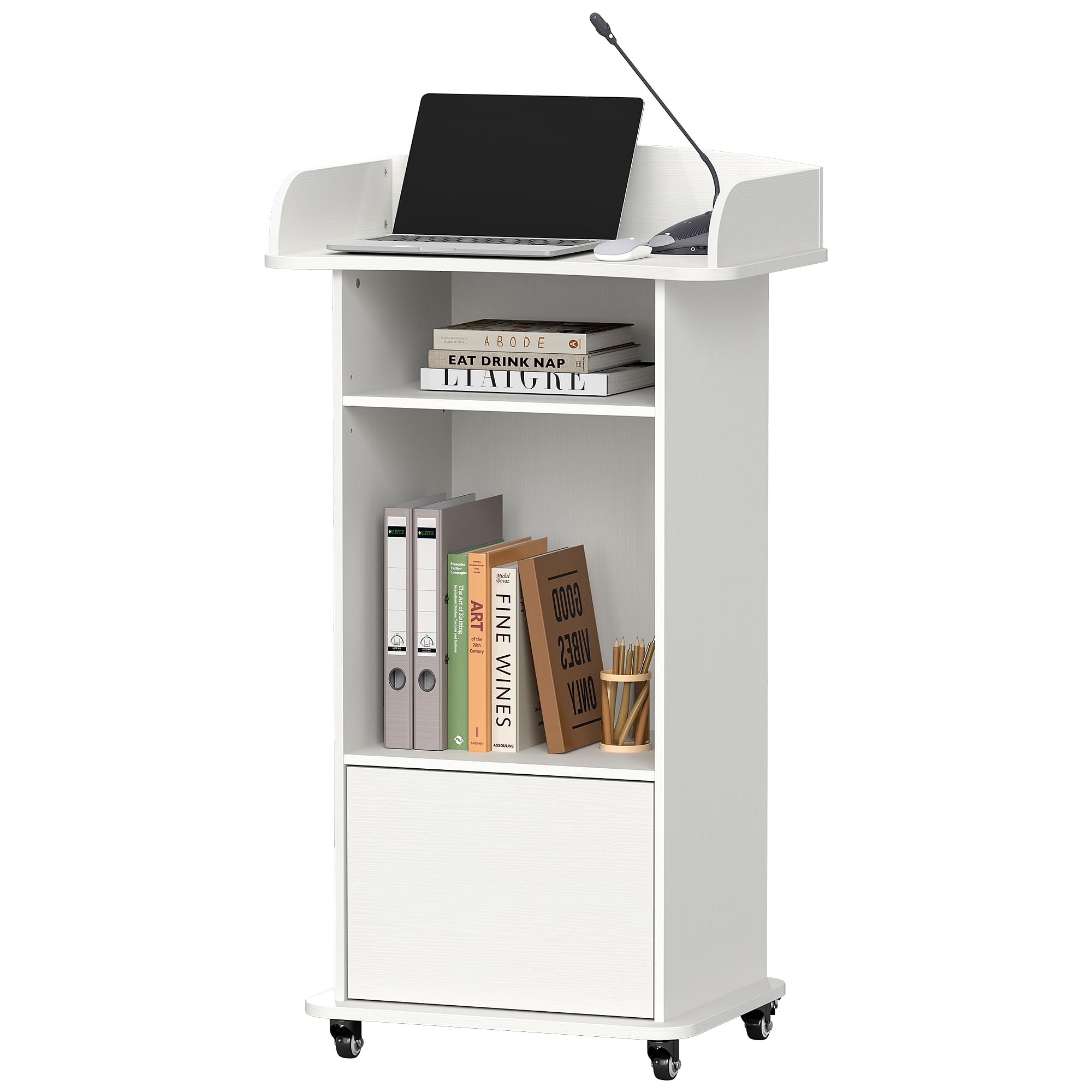 Portable Podium Stand with 4 Metal Wheels, Mobile Lectern Stand with Storage for Church Classroom Restaurant Reception Office Presentation, Wooden Pulpit Desk for Hostess Teacher (White)