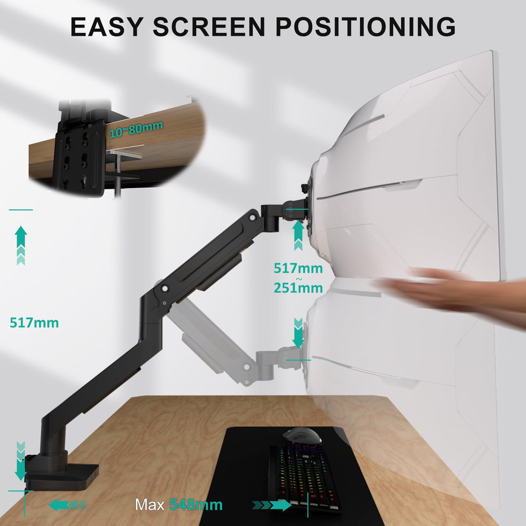 Ultrawide Single Monitor Arm for 13-49 Inch Heavy Duty 1000R Curved Screens, up to 44 Lbs, Adjustable Single Monitor Desk Mount with C-Clamp, Grommet Base, 75/100mm VESA Mount (GSM001XL), Black