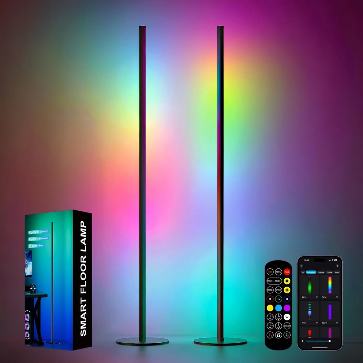 Corner Floor Lamp 2 Pack, RGB IC LED Corner Lamp 55" with APP Control, 16 Million Colors, Timing Function and Music Sync, Color Changing Ambient Lighting for Living Room Bedroom Gaming Room