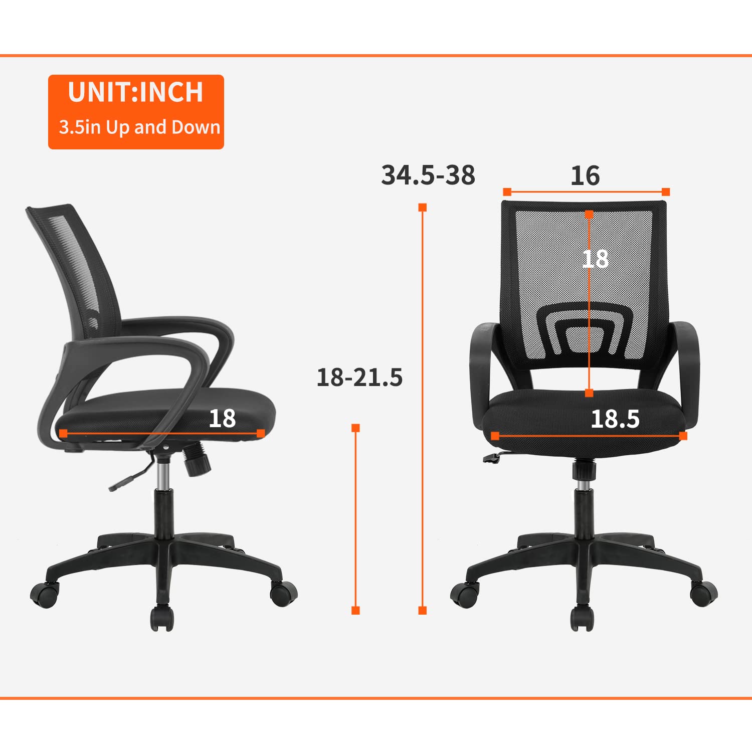 Ergonomic Office Chair | Mid-Back Swivel Desk Chair | Breathable Backrest & Lumbar Support | Adjustable Height | Sponge Seat | Rolling Wheels | Black | for Adults & Women