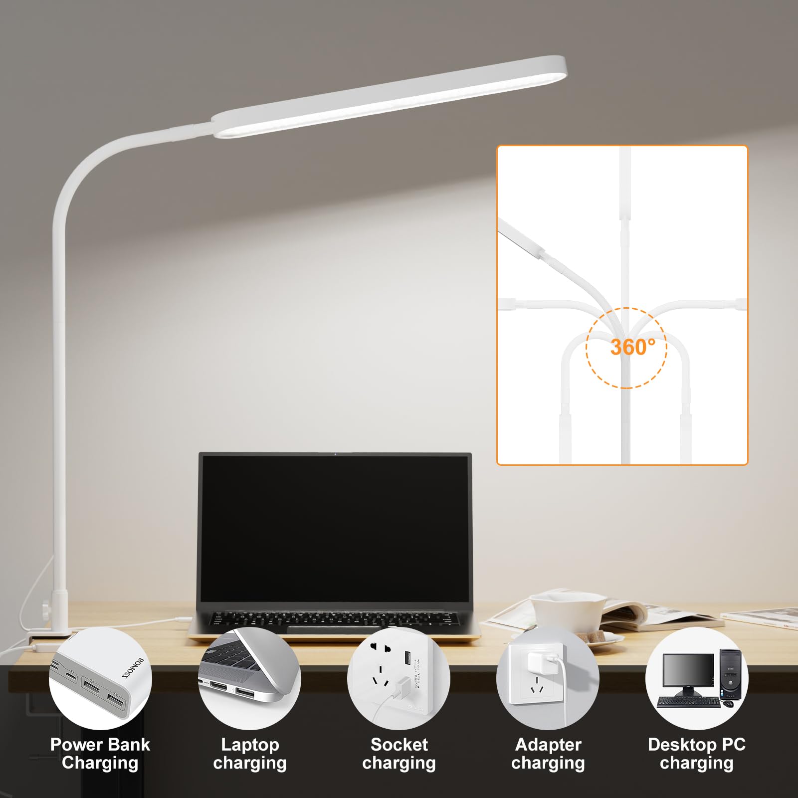 Led Desk Lamp - 33.5" Desk Light - Flexible Gooseneck - 5 Color Modes X 11 Brightness Levels - 1300LM - Timmer & Memory Function - 12W Clip on Light - White