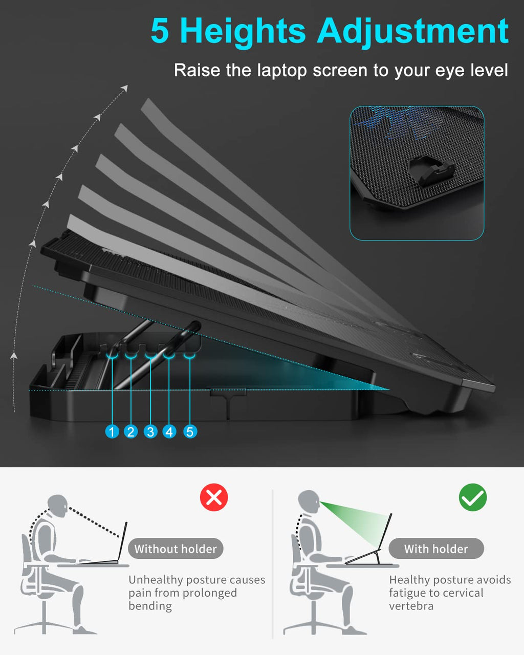 Laptop Cooling Pad, Gaming Laptop Cooler 2 Fans for 10-15.6 Inch Laptops, 5 Height Stands, 2 USB Ports (S039)