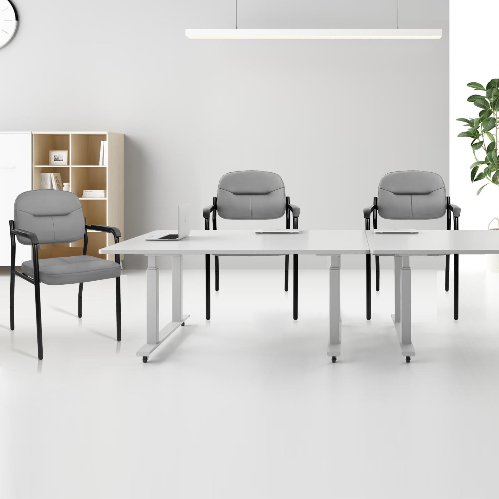 Leather Guest Chair Sets of 4, Office Reception Chair No Wheels with Armrests and Lumber Support, Ergonomic Desk Armchair for Meeting Waiting Conference Lobby Room, Grey