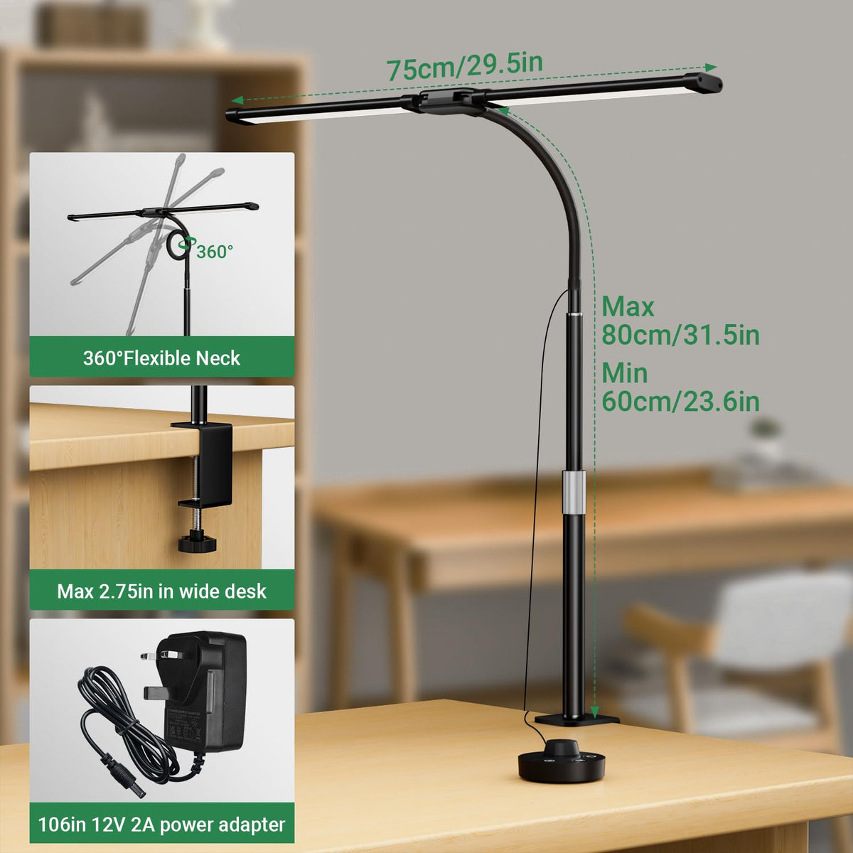 LED Desk Lamp with Clamp, 23.5-31.5 Inches, Black