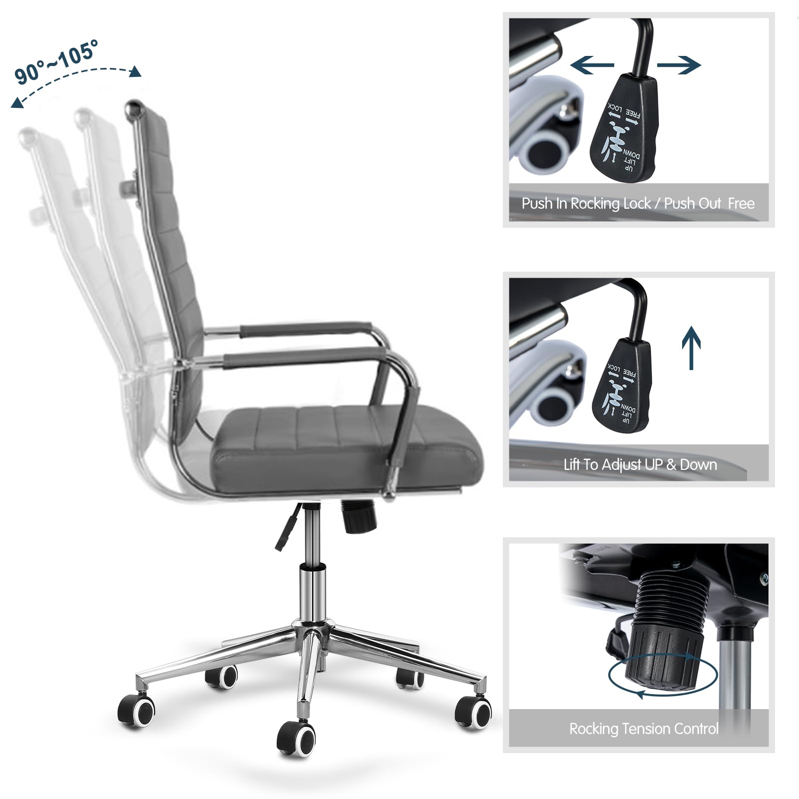 Office Chair Ribbed, Modern Leather Conference Waiting Room Chairs,Ergonomic Office Desk Chair, High Back Executive Computer Chair, Adjustable Swivel Chair with Arms (Gray)