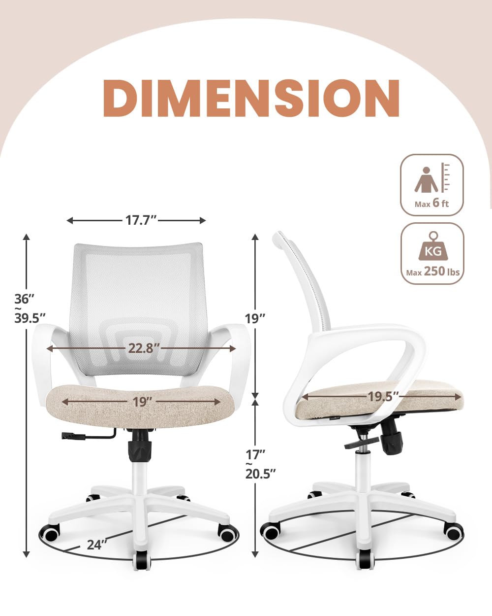 Office Desk Computer Chair Ergonomic Mesh Gaming Cushion Seat with Comfy Lumbar Mid Back Support Adjustable Height Swivel Rolling Wheels for Home Task (Beige)