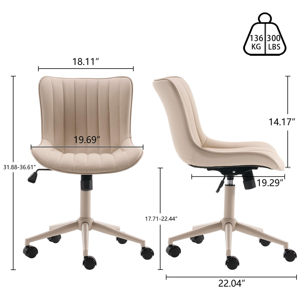 Home Office Desk Chair with Wheels Armless Vanity Chair with Back Comfy Modern Leather Upholstered Rolling Task Chair Swivel Small Cute Sewing Chair No Arms Wide Adjustable Ergonomic Cream
