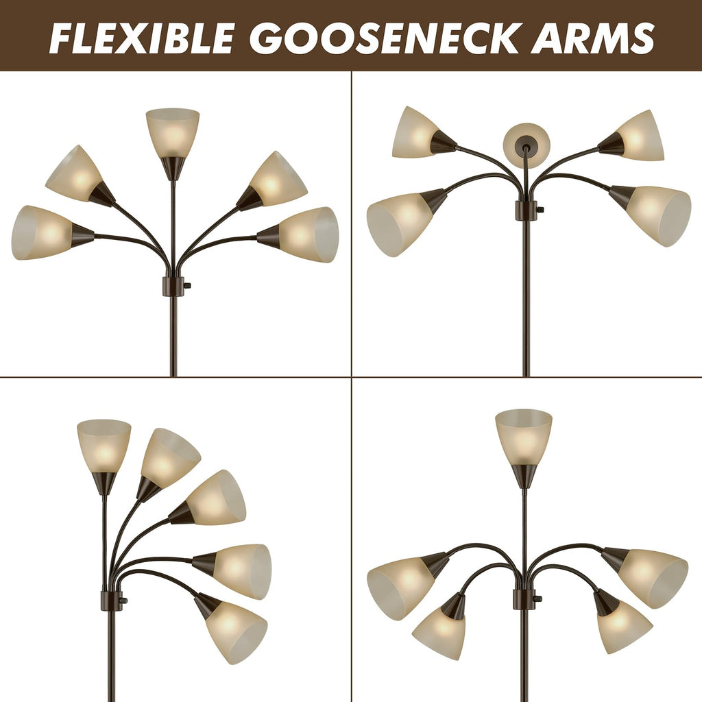 Medusa Modern Decor Floor Lamp, Multi Head Adjustable Gooseneck Bright Light for Reading, White Shades Tall Standing Tree Floor Lamp for Living Room Bedroom Office Kids Classroom, Brown