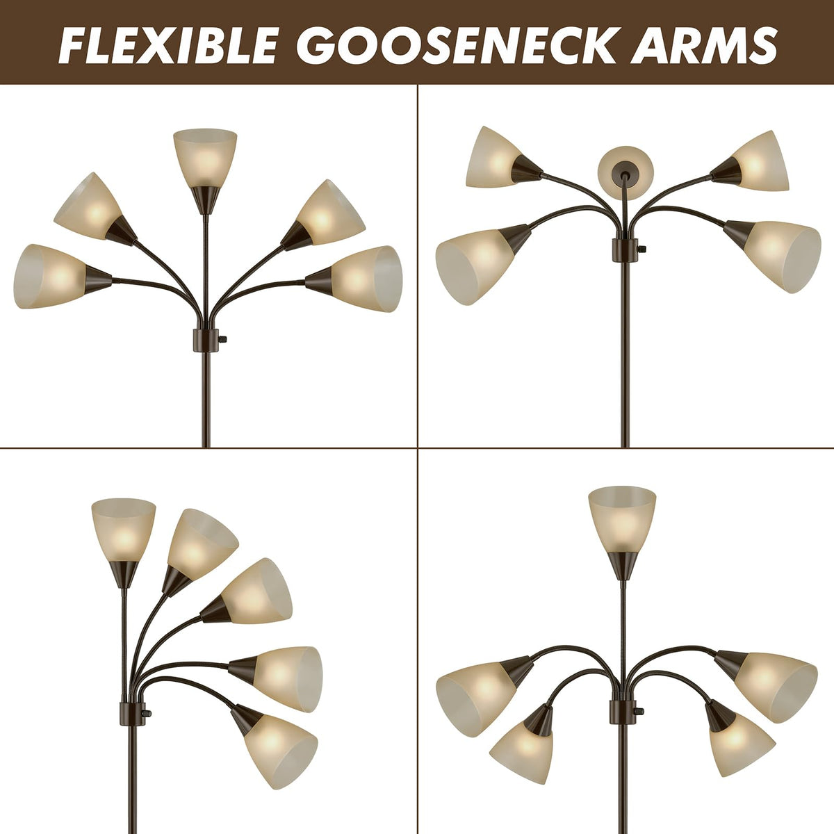 Medusa Modern Decor Floor Lamp, Multi Head Adjustable Gooseneck Bright Light for Reading, White Shades Tall Standing Tree Floor Lamp for Living Room Bedroom Office Kids Classroom, Brown