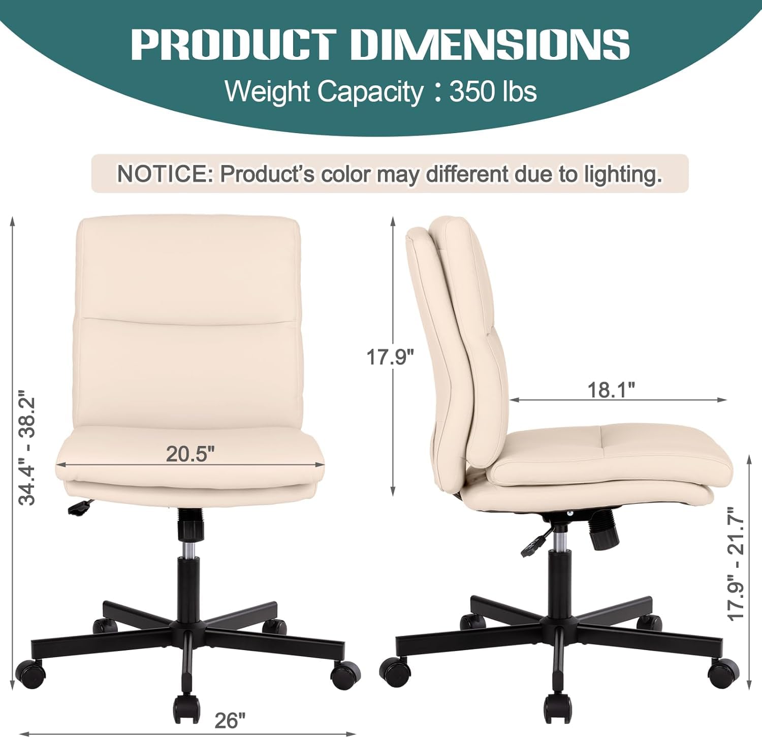 Armless Office Desk Chair with Wheels, Mid-Back Criss Cross Swivel Task Chair, Height Adjustable Cushioned Vanity Chair, Double Padded PU Leather Chair for Home, Office & Bedroom, Beige White