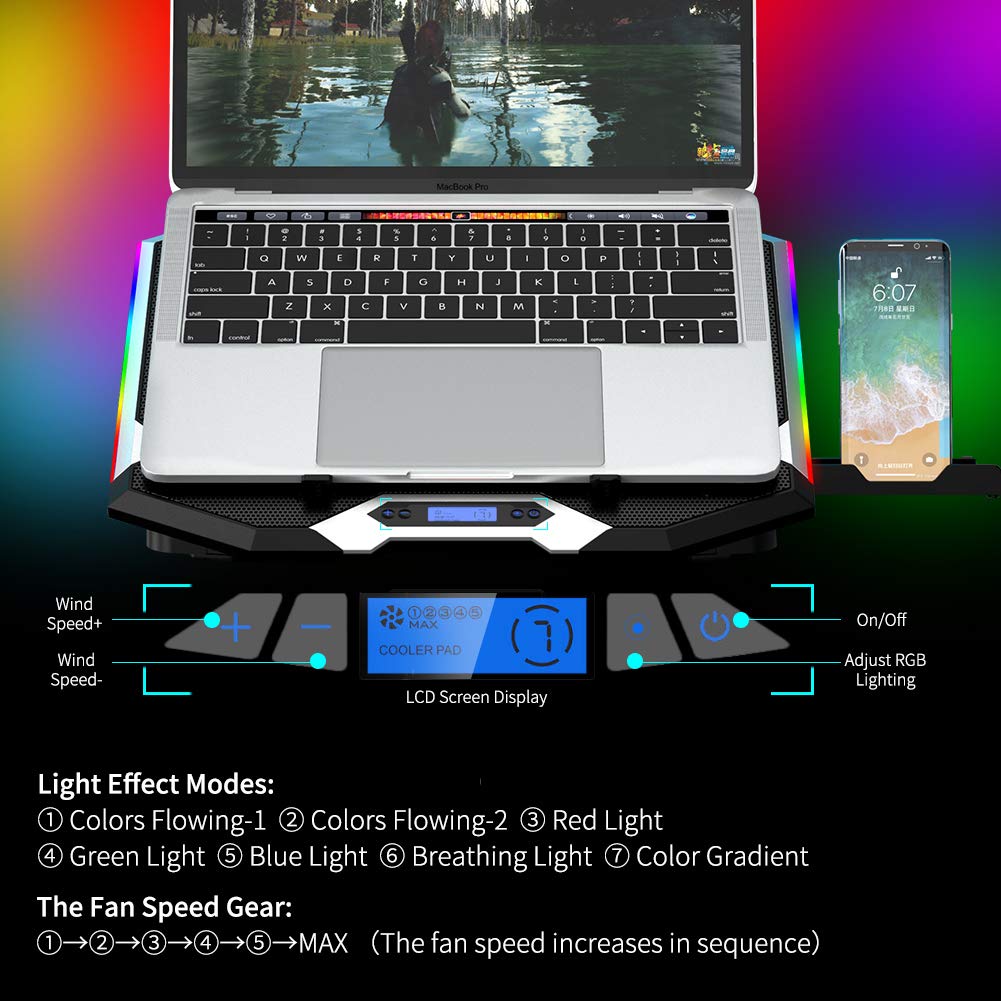 Laptop Cooling Pad 15-17.3 Inch, Laptop Fan with 6 RGB Cooling Fans, Laptop Cooling Stand with 6 Height Adjustable, Laptop Cooler with LCD Screen, 2 USB Ports, Phone Stand