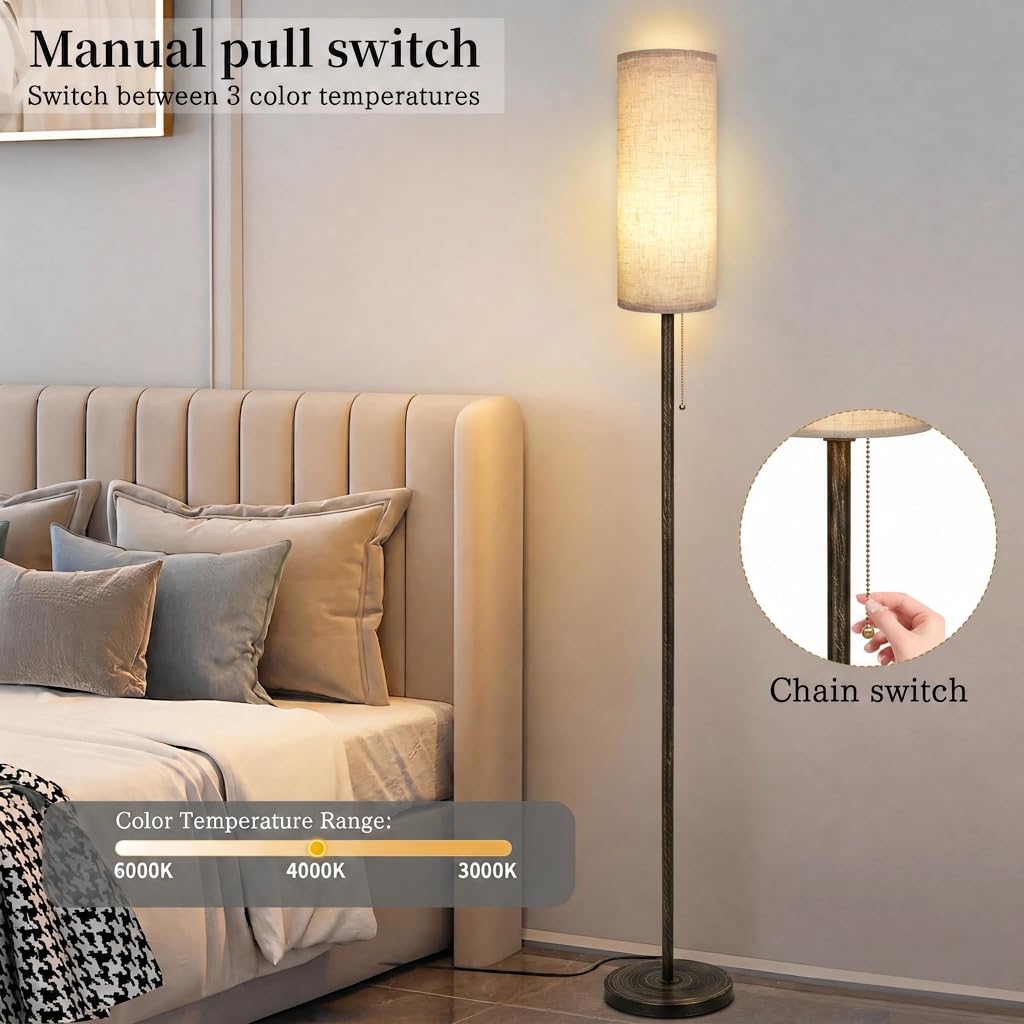 Floor Lamp for Living Room Modern Standing Lamps with Lampshade Minimalist Tall Lamp with Switch Ajustable Color for Bedroom Reading LED Bulb Included Gold Black Brushed Body+Beige Shade