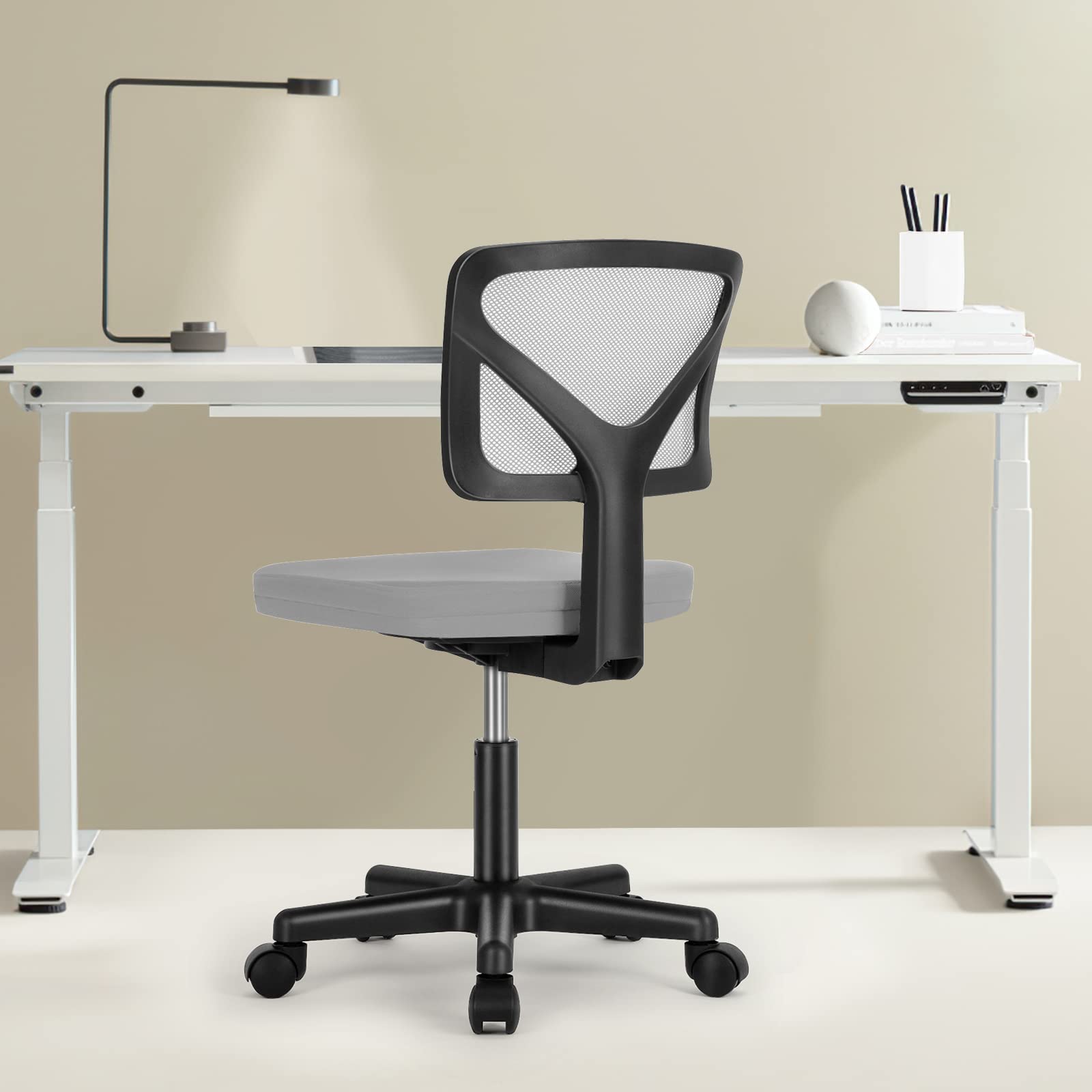 Small Desk Chair, Ergonomic Low-Back Mesh Rolling Work Swivel Chairs with Wheels, Armless Comfortable Seat Lumbar Support for Home, Bedroom, Study, Student, Adults, Grey