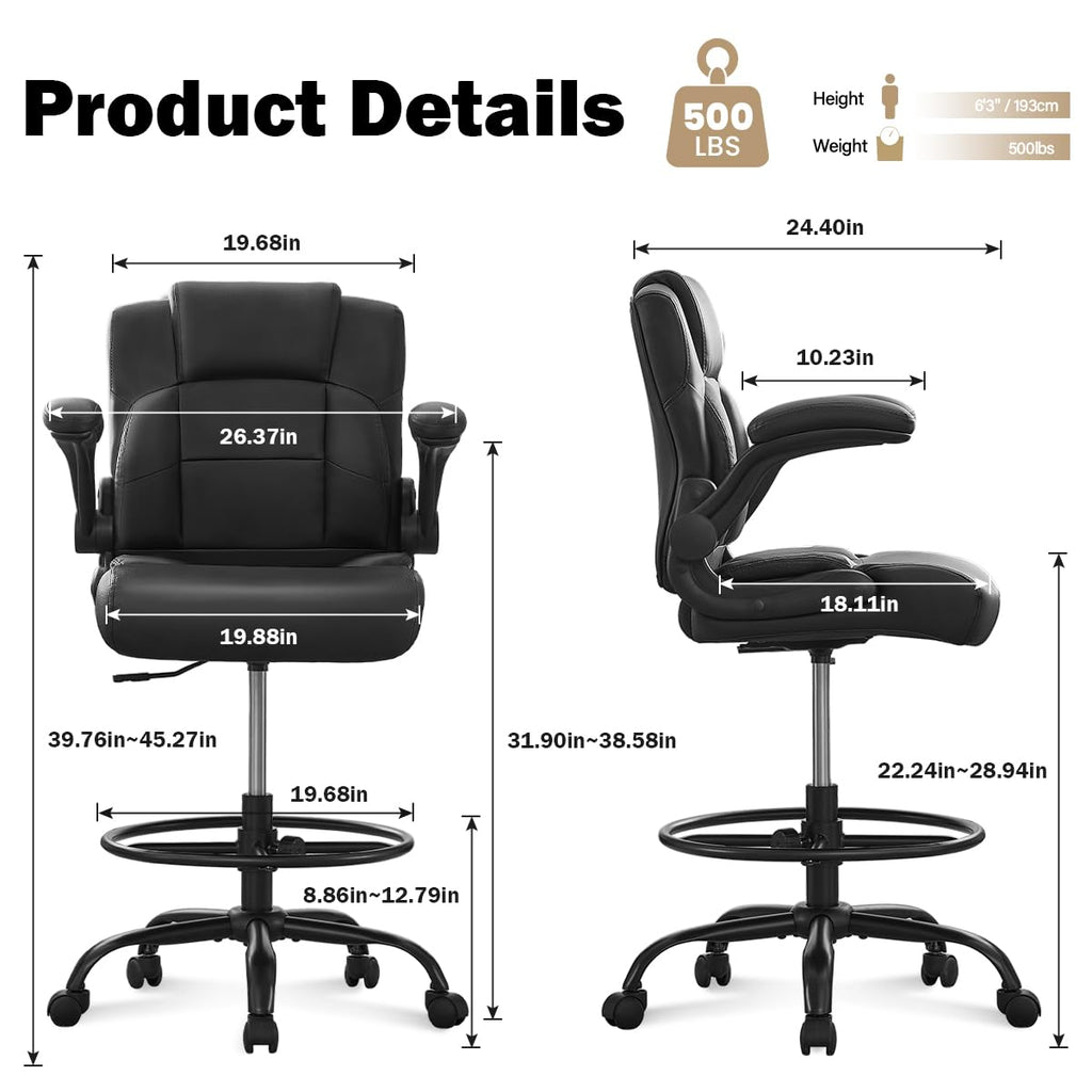 Ergonomic Drafting Chair,Tall Office Chair for Standing Desk with Flip-Up Armrests,Adjustable Foot Ring & Height, High Leather Executive Office Chair for Home,Drawing or Counter Height Use