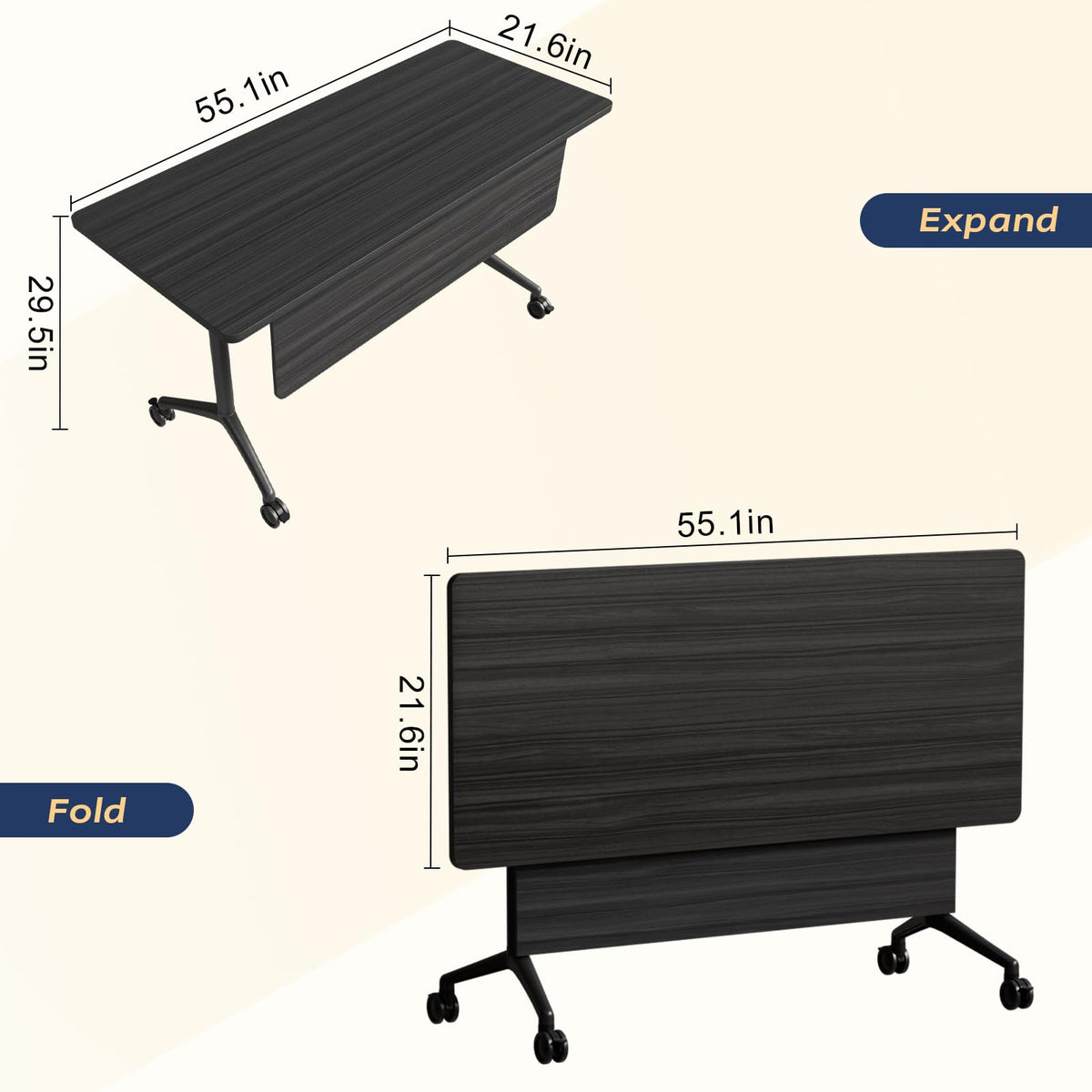Folding Conference Table with Wheels, Flip-Top, 55.1in, 4 Pack, Ebony