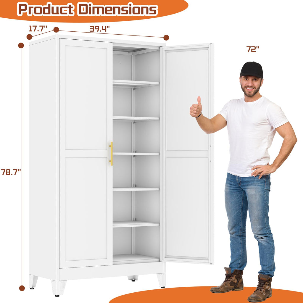 White Metal Storage Cabinet, 79" Pantry Cabinets for Office