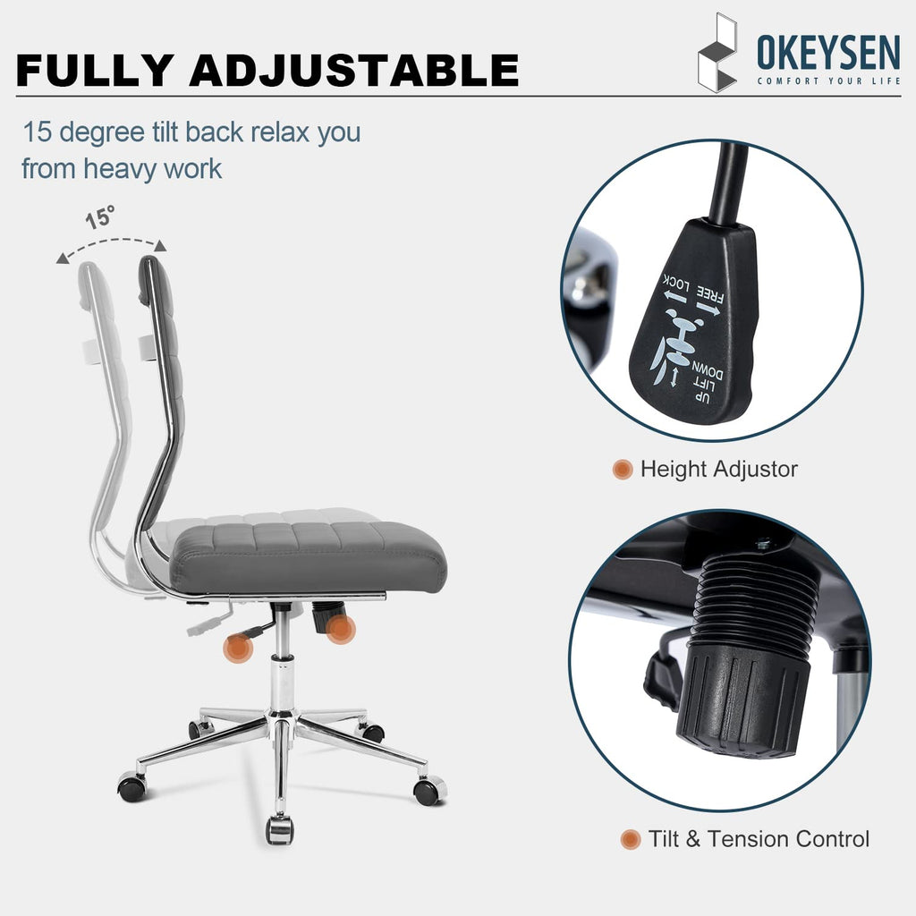 Armless Office Desk Chair, Mid Back Leather Conference Room Chairs Without Armrests, Modern Office Chair Ribbed.