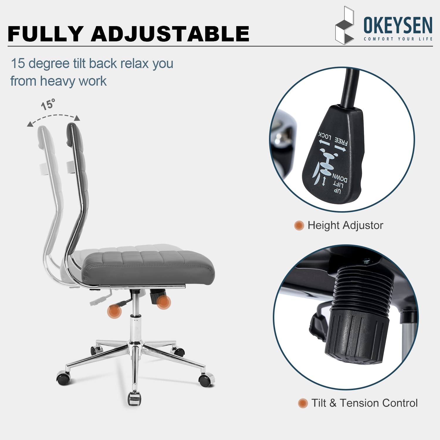 Armless Office Desk Chair, Mid Back Leather Conference Room Chairs Without Armrests, Modern Office Chair Ribbed.