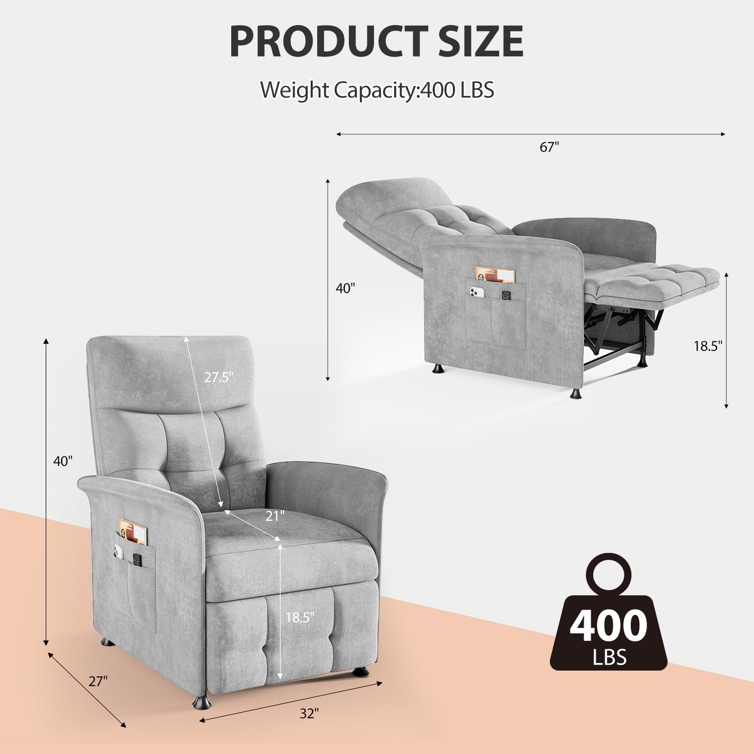 Power Recliner Chair for Adults with Heat & Massage - Soft Fabric Electric Reclining Sofa with Remote Control, 3 Side Pockets, 180° Lay Sleeper for Living Room Home Theater, Light Grey