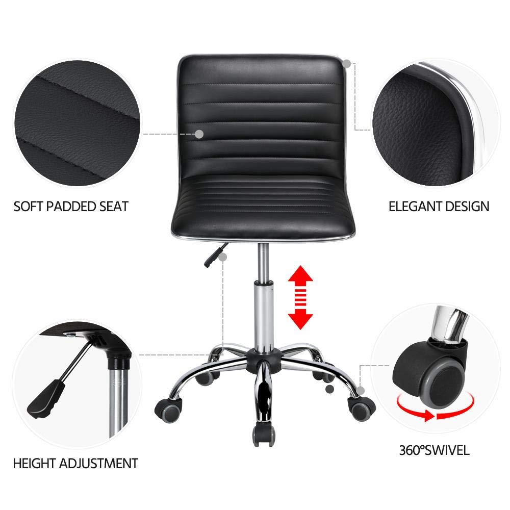 Adjustable Task Chair PU Leather Low Back Ribbed Armless Swivel Black Desk Chair Office Chair Wheels