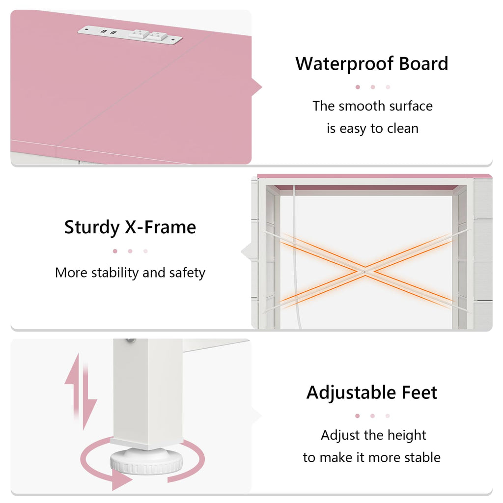 50 Inch Computer Desk with 8 Drawers, Home Office Desk with Power Outlets, Work Study Gaming Desk with 8 Fabric Drawers, Pink