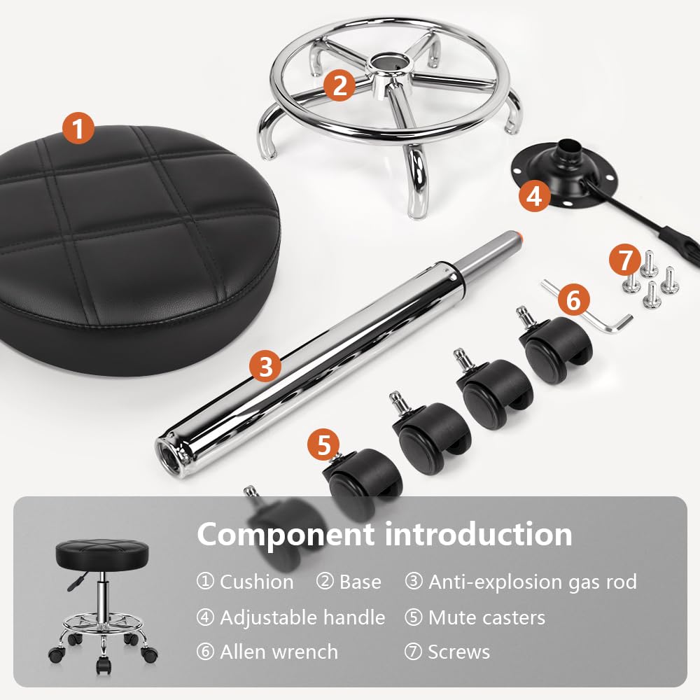 Round Rolling Stool Chair PU Leather Height Adjustable Swivel Drafting Work SPA Shop Medical Salon Stools with Wheels Office Chair Small (Black)