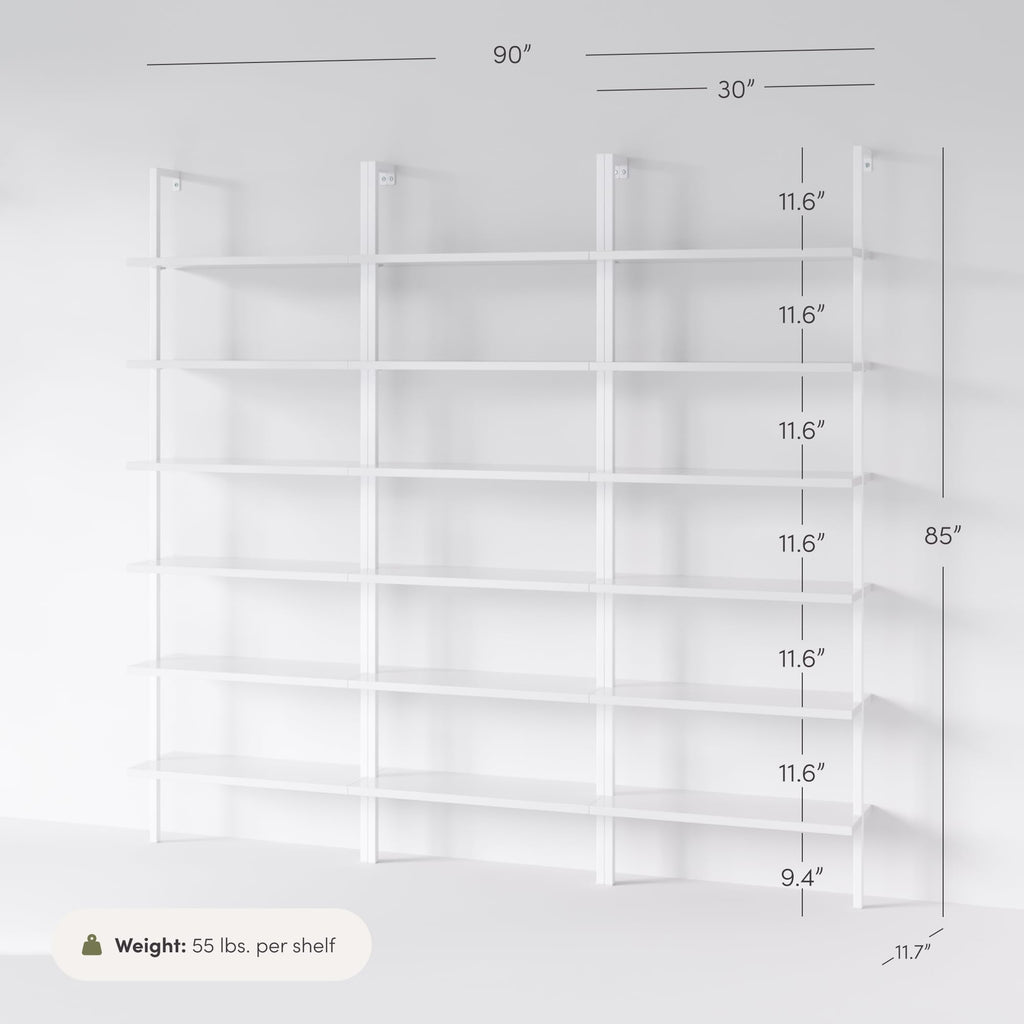 Set of 3, 6-Shelf Tall Modern Bookshelf, Wall Mount Ladder Shelf Bookcase with White Wood and Industrial Metal Frame, Matte White/White
