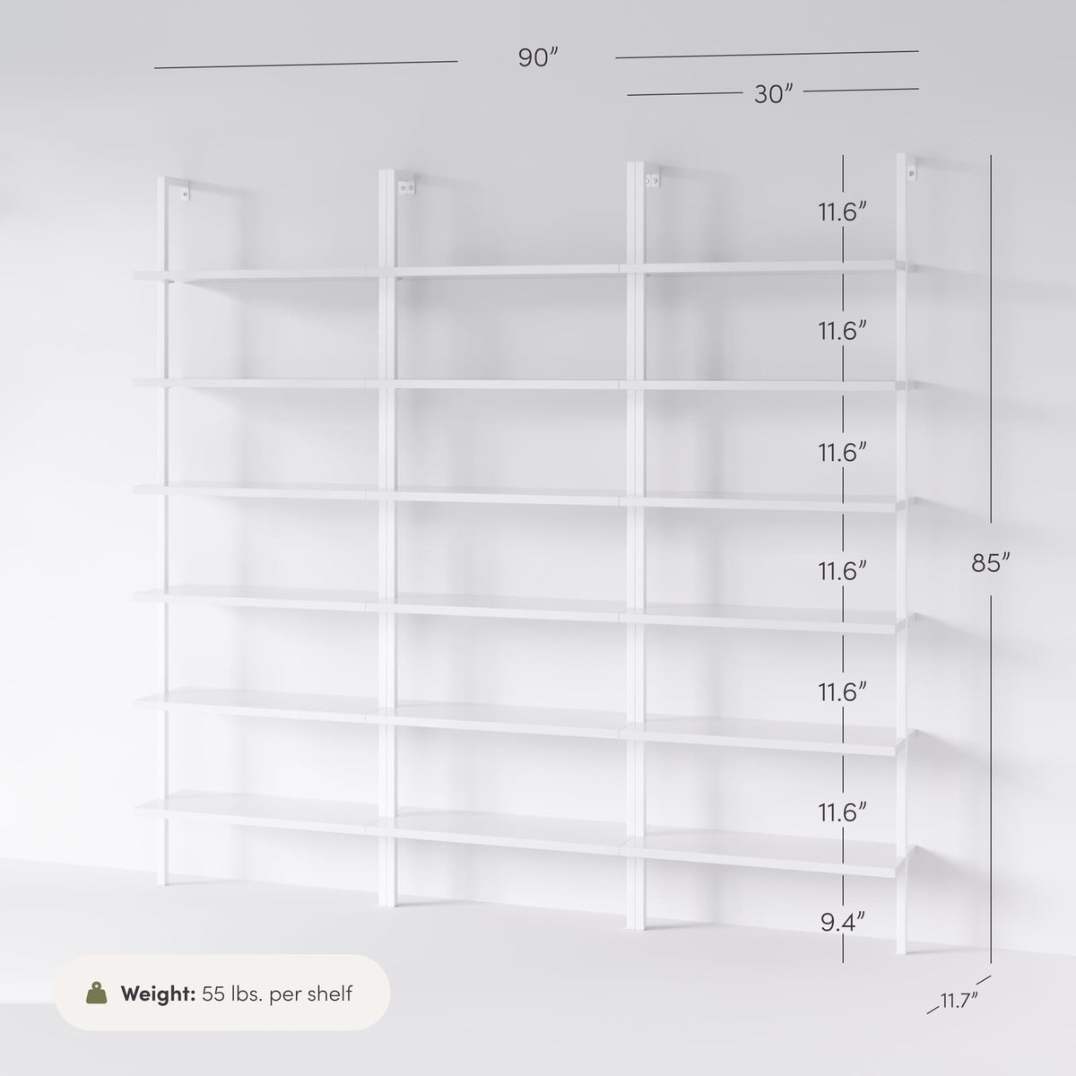 Set of 3, 6-Shelf Tall Modern Bookshelf, Wall Mount Ladder Shelf Bookcase with White Wood and Industrial Metal Frame, Matte White/White