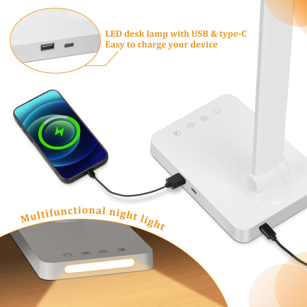 LED Desk Lamp with USB Ports, Touch Control, 5 Color Modes, 3 Brightness Levels, Foldable Design, White