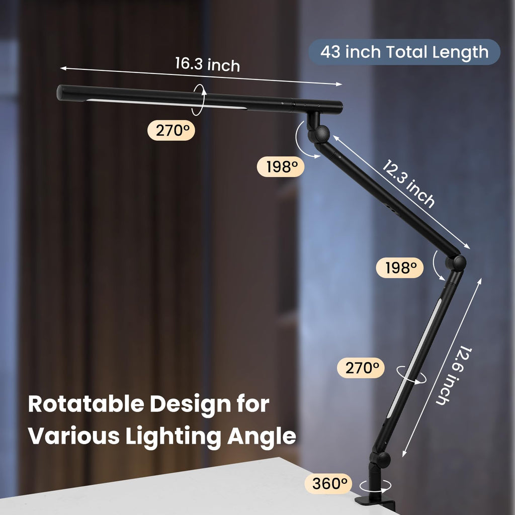 LED Desk Lamp with Clamp, 18W Dual Light Architect Desk Light, Adjustable Swing Arm RGB Light Sensor Switch, Eye-Caring 4 Modes Stepless Dimming Table Lamp for Home Office Reading Study Gaming