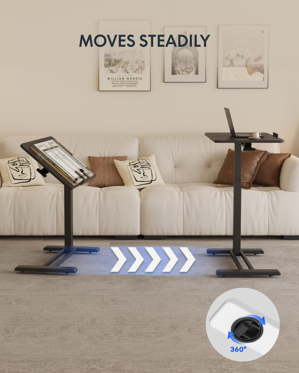 H7 PRO Mobile Standing Desk Adjustable Overbed Table Pneumatic with Wheels 55°Tiltable Portable Laptop Desk Rolling Computer Cart Foldable Bedside Table(27.6" W x 15.7" D, Black)