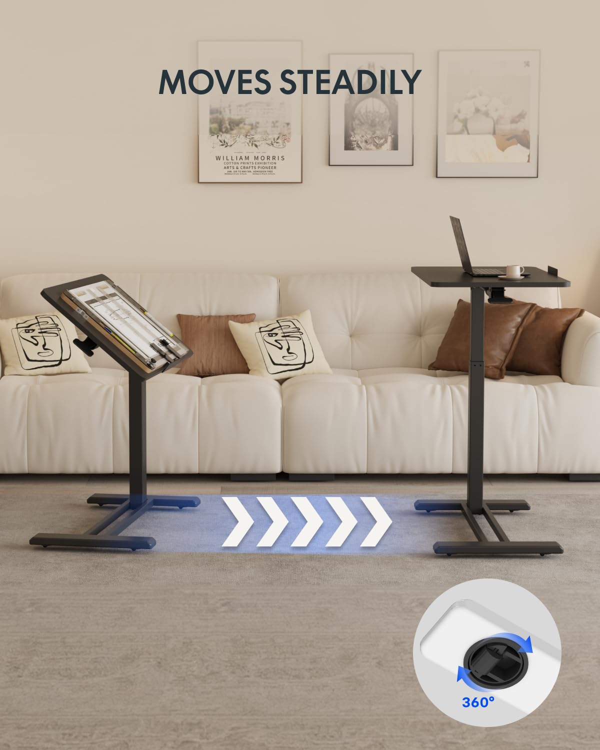 H7 PRO Mobile Standing Desk Adjustable Overbed Table Pneumatic with Wheels 55°Tiltable Portable Laptop Desk Rolling Computer Cart Foldable Bedside Table(27.6" W x 15.7" D, Black)